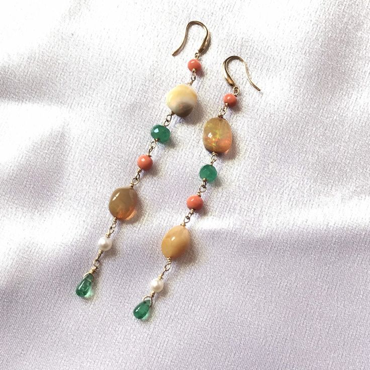 Earing Opal,Emerald and coral with 14 K solid Gold Ear wire ,beautiful south west design,hand crafted in USA, (#JB0096) Bohemian Green Earrings With Gemstone Accents, Green Gemstone Dangle Earrings, Handmade Fusion Long Drop Jewelry, Handmade Elegant Chrysoprase Earrings, Elegant Handmade Chrysoprase Earrings, Bohemian Green Jewelry With Gemstone Accents, Green Onyx Jewelry With Natural Stones For Jewelry Making, Orange Gemstone Dangle Jewelry, Chrysoprase Gemstone Drop Earrings