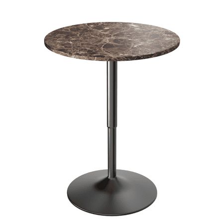 a round table with a marble top on a metal base, isolated against a white background