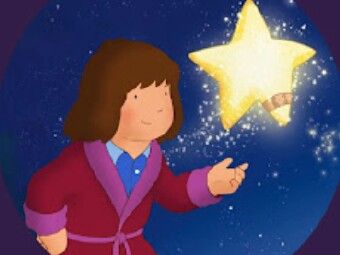 a woman pointing at a star in the sky with her hand out to touch it