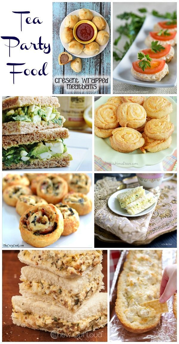 the collage shows different types of sandwiches and pastries, with text that reads tea party food