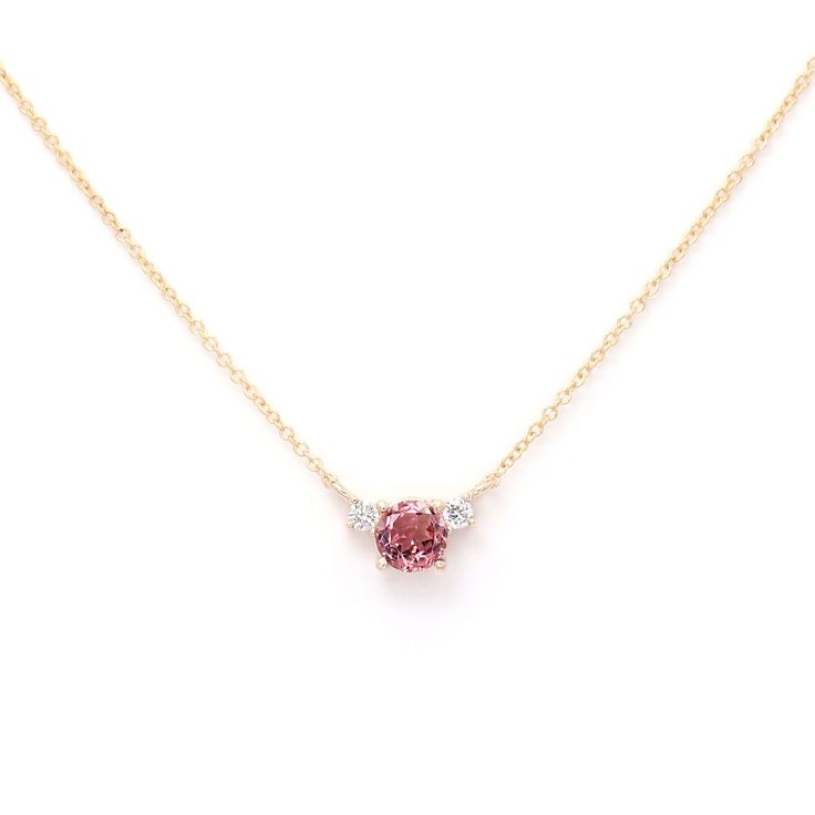 "14k Pink Tourmaline Diamond Necklace | 5.0MM Pink Tourmaline Pendant | Pink Tourmaline Charm | October Birthstone Necklace | Rose Gold | Birthday Gift P R O D U C T 𝄪 D E T A I L S ✽ October Birthstone. Powerful. Vivid. Energetic ✽ Metal: 14k Yellow Gold, White Gold & Rose Gold ✽ Chain Length: 14\" - 20\" (Classic Rolo Chain) ✽ Center Stone: 5.0 mm Natural Pink Tourmaline (approx. 0.5ct) ✽ Diamond Size: 2.0 mm x 2pcs (total 0.06ct) ✽ Diamond Color: G ✽ Diamond Clarity: VS-SI1 ✽ Made to Order O Luxury Pink Birthstone Necklace, Gold Necklace With Pink Stone, Pink Diamond Pendant, Gold And Pink Necklace, Pink Morganite Gemstone Necklace, Pink Diamond Necklace, Pink Tourmaline Necklace, Pink Tourmaline Jewelry, Pink Pendant Necklace