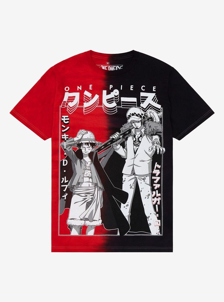 Are you gonna betray me?No.Looks like Tra-guy and Mugiwara-ya are teaming up once again  this time on this One Piece tee! It features a red & black split dye with Luffy and Law in a monochrome print  with their names in Japanese on the sides and the anime title in English and Japanese up top.Please note: Wash pattern may vary.Please note: Style runs large  size down for a tighter fit.100% cottonWash cold; dry lowImportedListed in junior sizes Luffy And Law, Names In Japanese, Anime Title, Split Dye, Monochrome Print, Anime Tshirt, Monochrome Prints, Tall Hoodies, Plus Size Fits