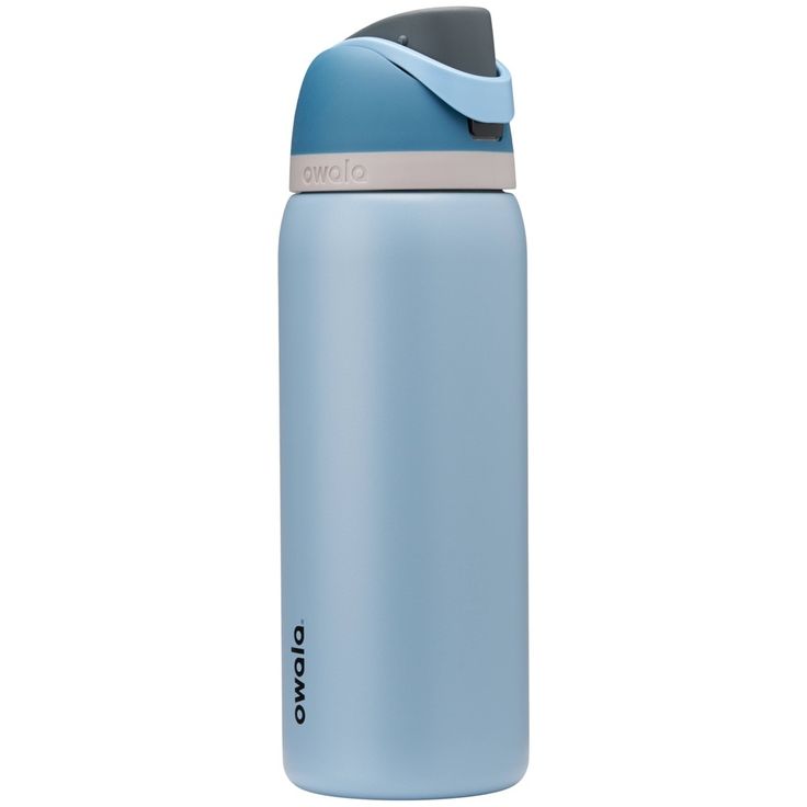 thermos water bottle is shown in light blue