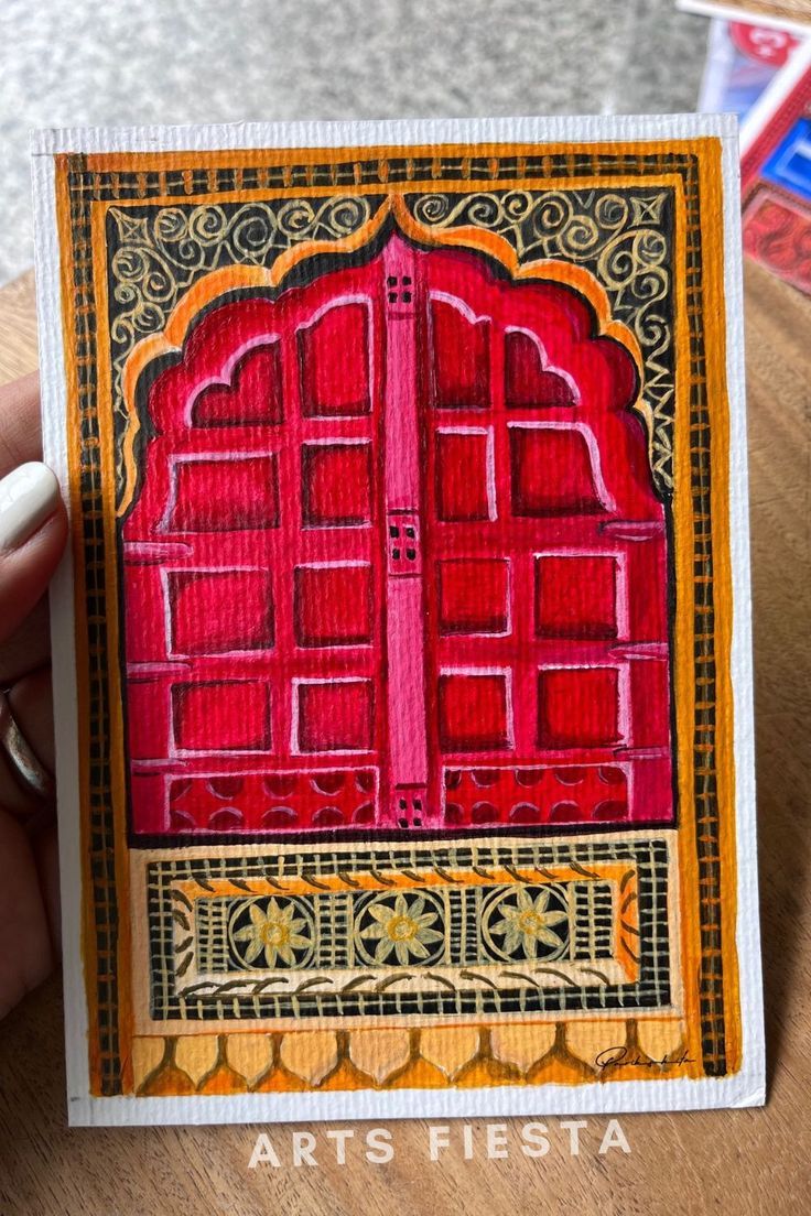 Rajasthan jharokha 2 inspired by jaipur, the pink city of Rajashtan. The acrylic paper painting is made by Parikshita Jain available on artsfiesta.com Rajasthani Fort Paintings, Jarukha Painting, Rajasthan Architecture Sketches, Rajasthani Art Paintings Canvases, Rajasthan Doodle, Rajasthan Jharokha, Rajasthan Theme Decoration, Rajasthan Drawing, Gullak Painting