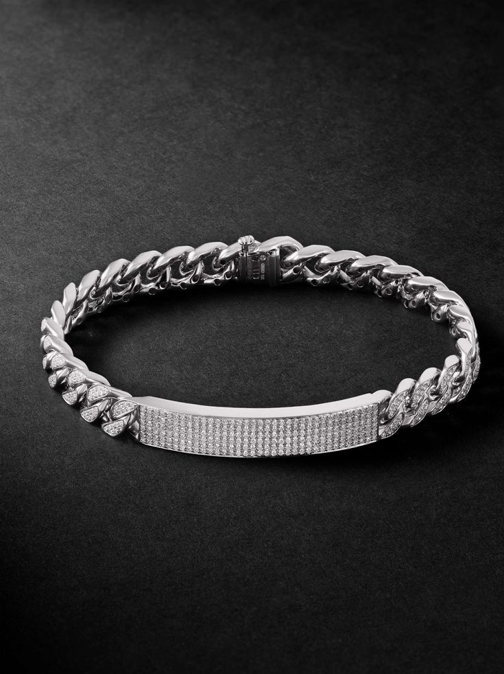 SHAY White Gold Diamond ID Bracelet for Men Silver Diamond Chain Bracelet With Pave Setting, Luxury Silver Chain Bracelet With Pave Setting, Diamond Cuban Link Jubilee Bracelet In White Gold, Elegant White Gold Cuban Link Diamond Bracelet, Luxury Sterling Silver Chain Bracelet With Diamond Accents, Elegant White Gold Cuban Link Bracelet With Diamond Accents, Luxury Cuban Link Bracelet In Diamond White Cubic Zirconia, Luxury White Gold Diamond Cuban Link Bracelet, Luxury Cuban Link Bracelet In Diamond White