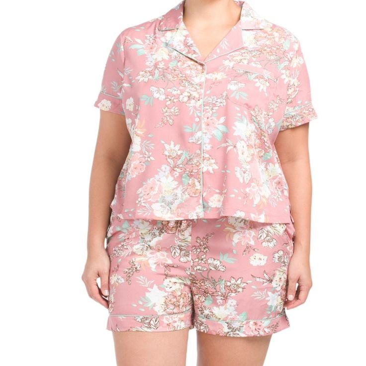 Includes Collar Short Sleeved Top & Matching Shorts. Floral Print Contrast Piping & Shirt Pocket Button Up Top And Pull-On Shorts Polyester Cashmere Pajamas, Cashmere Lounge Set, Long Sleeve Night Gown, Floral Pajama Pants, Pink Botanical, Floral Pajama Set, Silky Pajamas, Shirt Pocket, Floral Pajamas