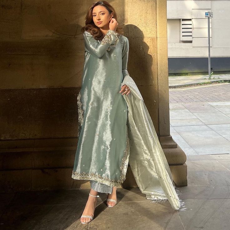 Pakistani Designer Dress Luxury Silk Salwar Kameez With Cutdana, Silver Festive Dress For Eid, Silver Dresses For Eid, Silver Silk Dress For Gala, Elegant Silver Silk Dress, Blue Dresses For Festive Occasions, Luxury Silver Dresses For Festive Occasions, Luxury Silver Dress For Festive Occasions, Silver Silk Dress For Cocktail