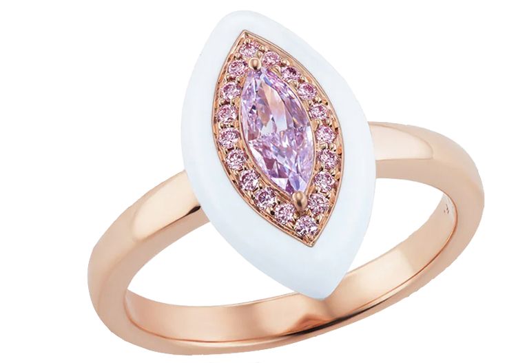 This ring is a true work of art, showcasing the exceptional beauty of a light pinkish purple diamond, complemented by the vibrancy of argyle pink diamonds, all set in an 18KT rose gold setting with white enamel accents. It's a piece of jewelry that's bound to be a statement piece in your collection. 0.41CT Marquise Fancy Light Pinkish Purple - VS2 Clarity, GIA #1425342716 0.10CT Argyle 6P/PP7P/PP Pink Diamonds 18KT Rose Gold with White Enamel Size 6.50 Luxury Pink Diamond Gemstone Ring, Luxury Pink Marquise Jewelry, Formal Pink Marquise Diamond Ring, Luxury Pink Marquise Ring, Fine Jewelry Pink Marquise Cut Diamond Ring, Fine Jewelry Pink Diamond Ring Marquise Cut, Modern Pink Diamond Rings, Modern Pink Diamond Jewelry, Pink Marquise Ring With Rose Cut Diamonds