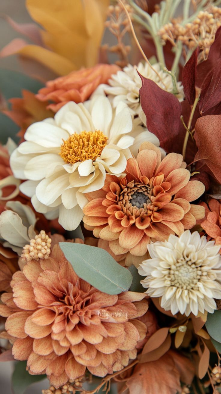 a bunch of flowers that are sitting in a vase on a table with some leaves