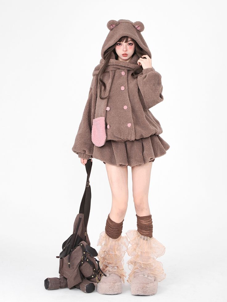 Size: L, Color: Brown Skirt References Poses, Kawaii Outfits, Estilo Harajuku, Short Pollera, Mode Kawaii, Fluffy Skirt, Brown Skirt, Bear Outfits, Pose References