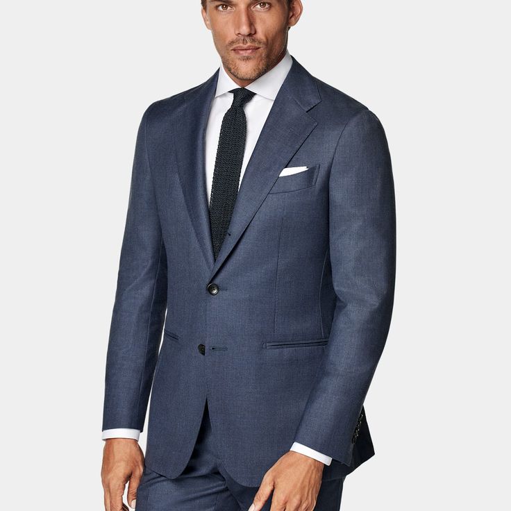 A versatile
  mid-blue shade perfect for the office or seasonal weddings, this Havana suit
  brings a slim fit and classic details like a natural shoulder and notch
  lapel. Professional Blue Suit With Notch Lapel, Blue Three-piece Suit For Formal Occasions, Blue Professional Three-piece Suit For Formal Occasions, Blue Business Suit With Notch Lapel, Professional Blue Suits With Pressed Crease, Tailored Blue Suit For Formal Occasions, Classic Blue Suit With Suit Collar, Tailored Blue Formal Suit, Blue Semi-formal Suits With Welt Pockets