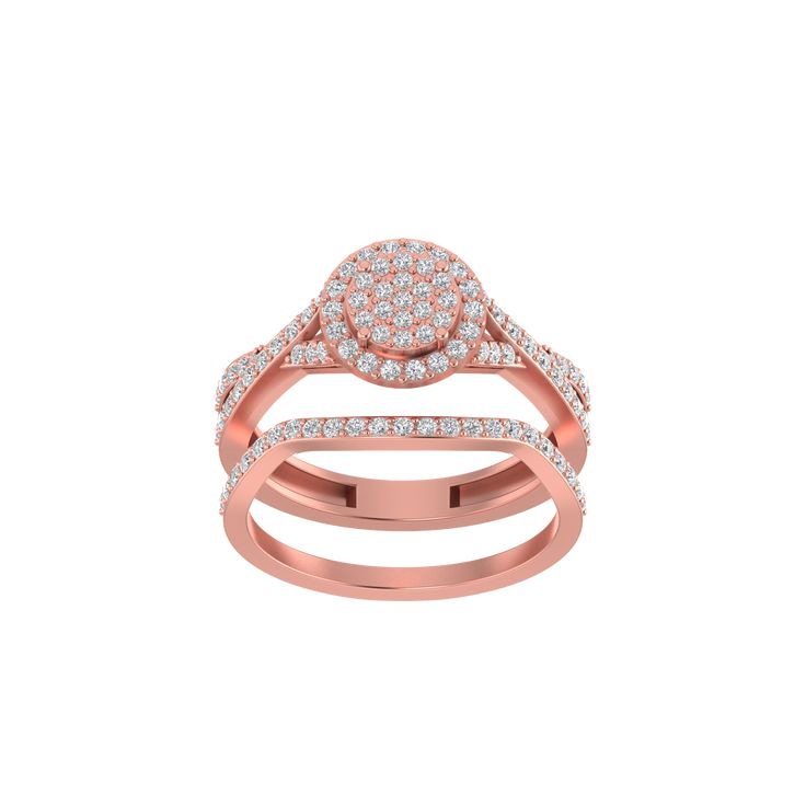 Stunning Entwined Elegance twin engagement ring boasts 14k gold and 96 diamond pcs, with a total diamond weight of 0.69. Its unique design showcases twin round cuts for a truly elegant and timeless piece. Make a statement with this gorgeous ring. Rose Gold Diamond Ring With Pave Setting, Rose Gold Cluster Diamond Ring With Prong Setting, Formal Rose Gold Diamond Couple Rings, Rose Gold Ring With Diamond Accents, Round Shape, Rose Gold Round Ring With Diamond Accents, Cluster Rose Gold Cubic Zirconia Ring, Rose Gold Ring With Diamond Accents, Rose Gold Diamond Ring With Center Stone, Rose Gold Round Cut Diamond Ring With Pave Setting