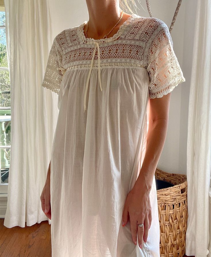 White Cotton Home Dress, White Cotton Dress For Home, White Cottagecore Dress For Sleep, White Cotton Cottagecore Sleepwear, White Cottagecore Cotton Sleepwear, White Cotton Cottagecore Nightgown, Bohemian Cotton Sleep Dresses, Bohemian Cotton Nightgown For Loungewear, Spring Cottagecore Home Dresses