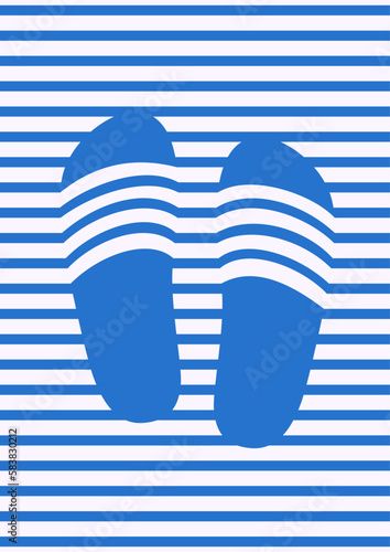 blue and white striped background with flip flops