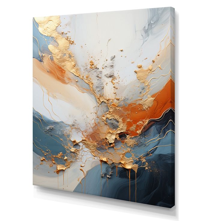 an abstract painting with gold, blue and white colors on it's canvas wall art