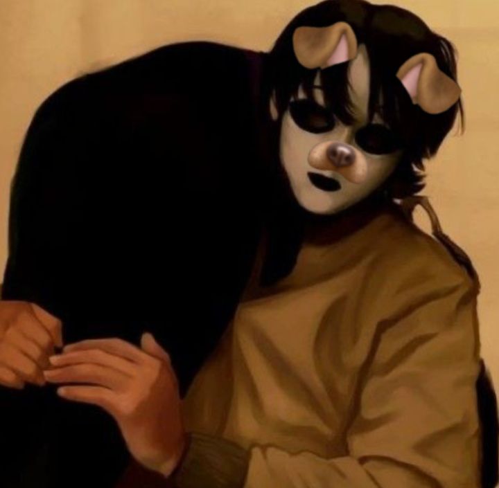 a painting of a person wearing a cat mask and holding onto another person's arm