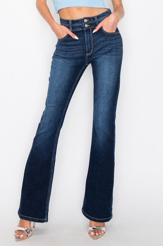 Details Style No. AT1071BTD Step into sophistication and elevate your style with our High Rise Bootcut Jeans, where timeless elegance meets contemporary flair. Crafted to hug your curves in all the right places, these jeans boast a flattering high-rise waistline that elongates the legs and accentuates your silhouette with confidence. Highlights Super Stretchy Denim Comfort High-Quality Material High Rise Chic Regular Hem Dark Stone Wash Shape & fit Bootcut High rise Regular Hem Specifications: F High Rise Bootcut Jeans, Top Graphic Tees, Denim Details, Dress Romper, Vintage Jeans, Jacket Tops, Bootcut Jeans, Stretch Denim, Jacket Dress