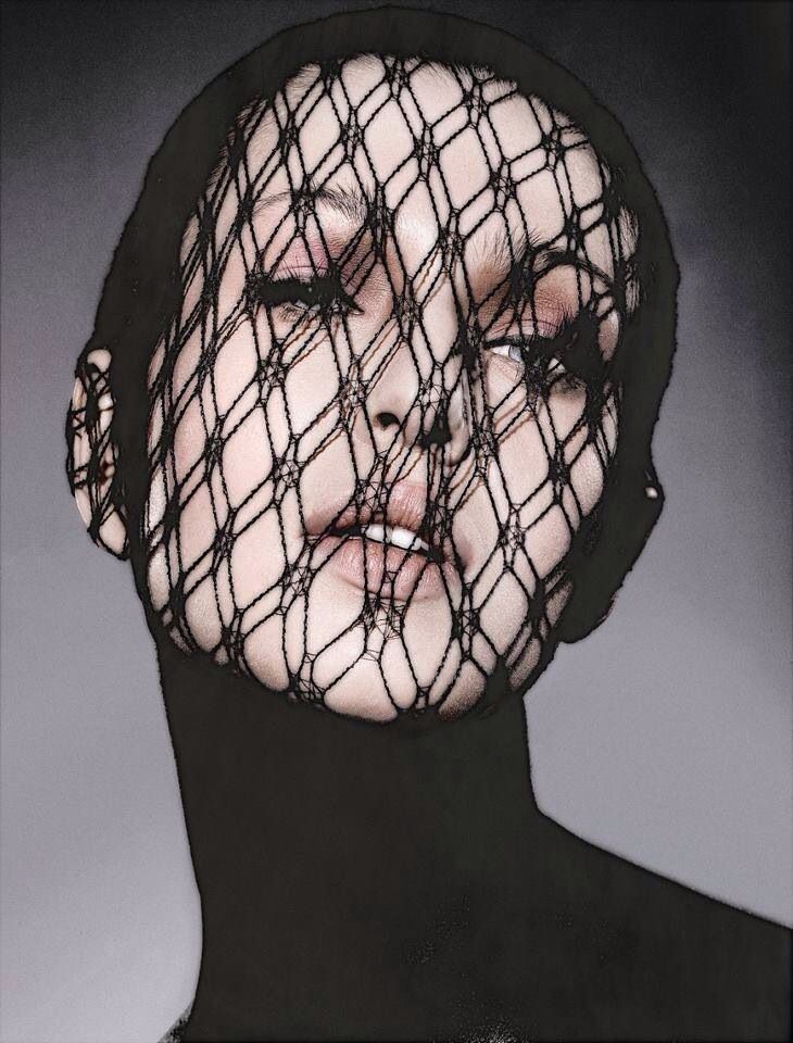 Girl with fishnet veil covering face Veil Covering Face, Fishnet Veil, Carsten Witte, Satin Fabrics, Silk Satin Fabric, Pattern Skirt, Black Fishnets, Head & Shoulders, Black Veil