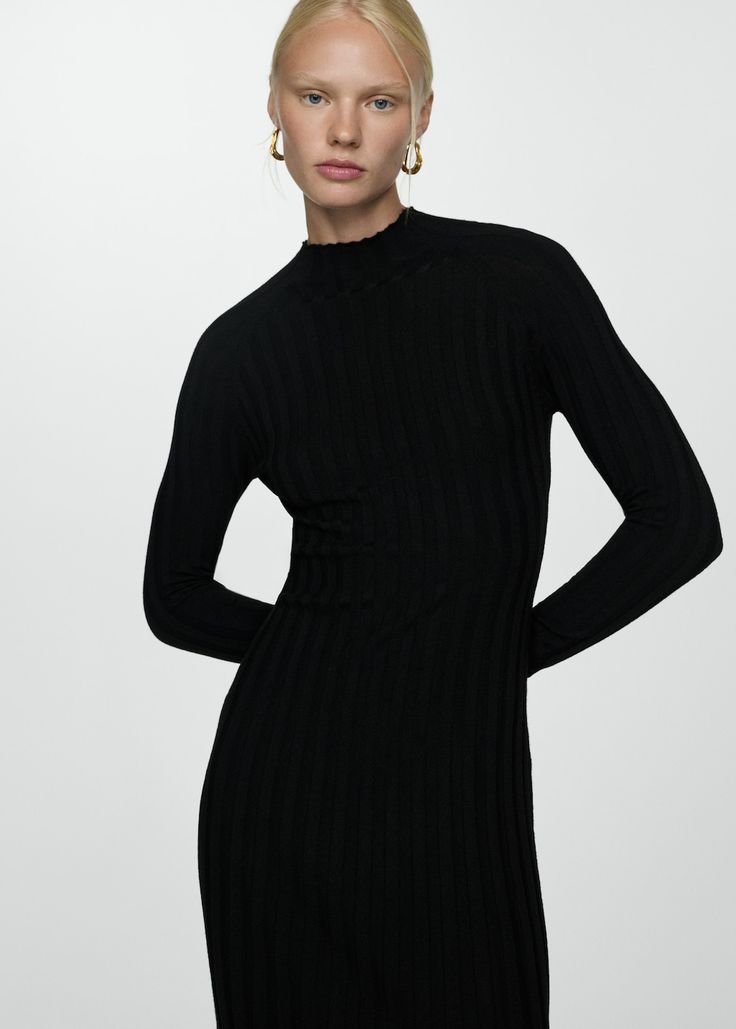 Perkins-neck ribbed dress - Woman | MANGO USA Rib Knit Fabric, Dress Woman, Ribbed Dress, Tailored Design, Ribbed Dresses, High Collar, Rib Knit, Knitted Fabric, Knit Fabric