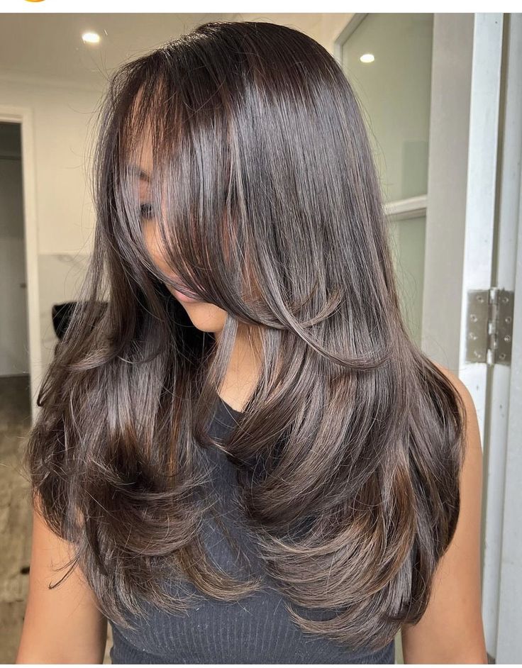 Different Styles Of Layered Hair, Blowouts On Medium Hair, Rounded Long Layers With Face Framing Pieces, Medium Long Haircut With Layers Waves, Mid Length With Long Layers, Butterfly Haircut Dark Brown Hair, Layers And Angles Medium Hair, Layered Hair Extensions Before And After, Long Length Layered Haircuts