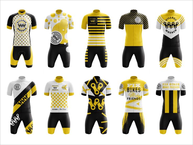 a group of yellow and black soccer uniforms with white stripes on them, all in different styles