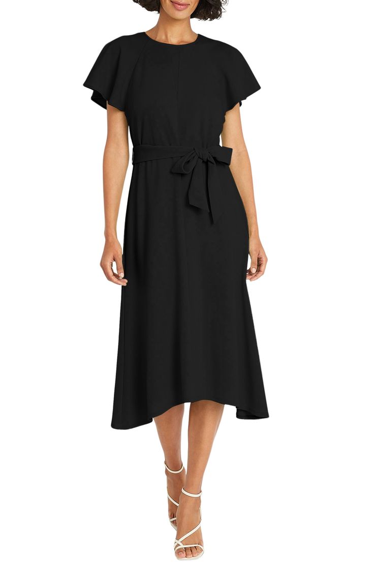 Fluttering sleeves frame this light and lovely midi designed with a defining tie belt. 43 1/2" length (size 8) Back zip closure Jewel neck Short sleeves Lined 96% polyester, 4% spandex Machine wash, dry flat Imported Black Belted Dress For Office In Spring, Black Belted Dress For Office And Spring, Casual Flutter Sleeve Midi Dress For Work, Flowy Short Sleeve Midi Dress For Work, Black Midi-length Belted Dress For Spring, Black Midi Length Belted Dress For Spring, Casual Midi Dress With Flutter Sleeves For Work, Black Belted Midi Dress For Spring, Black Belted Dress With Tie Waist For Work