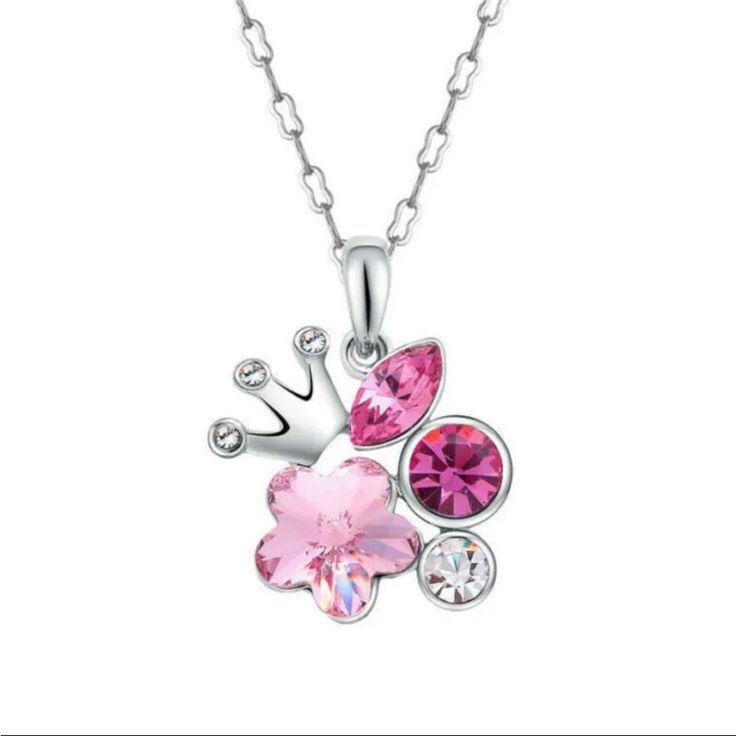 Women's Silver Crown Charm Rose Red Crystal Zirconia Pendant Necklace Jewelry Silver Flower Charm Necklace With Clavicle Chain, Silver Flower Necklace With Clavicle Chain For Parties, Silver Flower Necklace For Valentine's Day, Valentine's Day Silver Rhinestone Necklace, Valentine's Day Silver Flower Pendant Necklace, Pink Rhinestone Clavicle Chain Necklace, Pink Cubic Zirconia Rhinestone Necklace As Gift, Pink Crystal Jewelry For Mother's Day, Pink Clavicle Chain Rhinestone Necklace