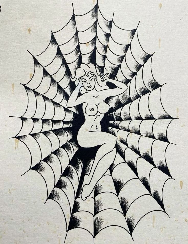 a drawing of a woman in a spider web