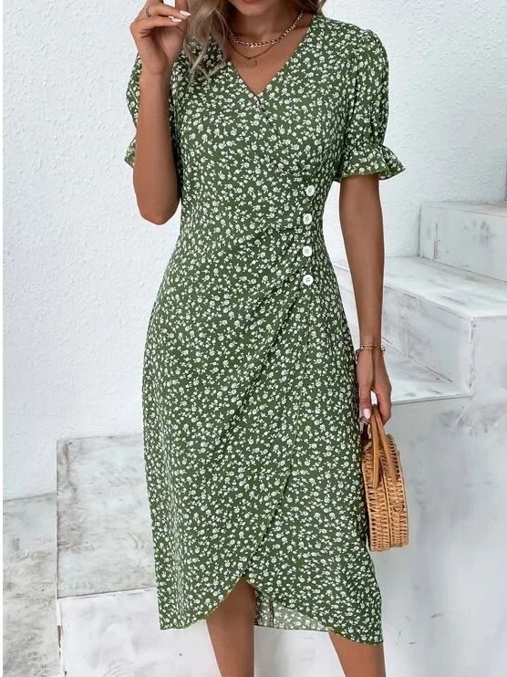 Vacation Floral V Neck Dress | justfashionnow Elegante Y Chic, Gaun Fashion, Floral Bodycon, Cotton Blends Dress, V Neck Midi Dress, Daily Dress, Wrap Dress Floral, Aaliyah, Look Casual