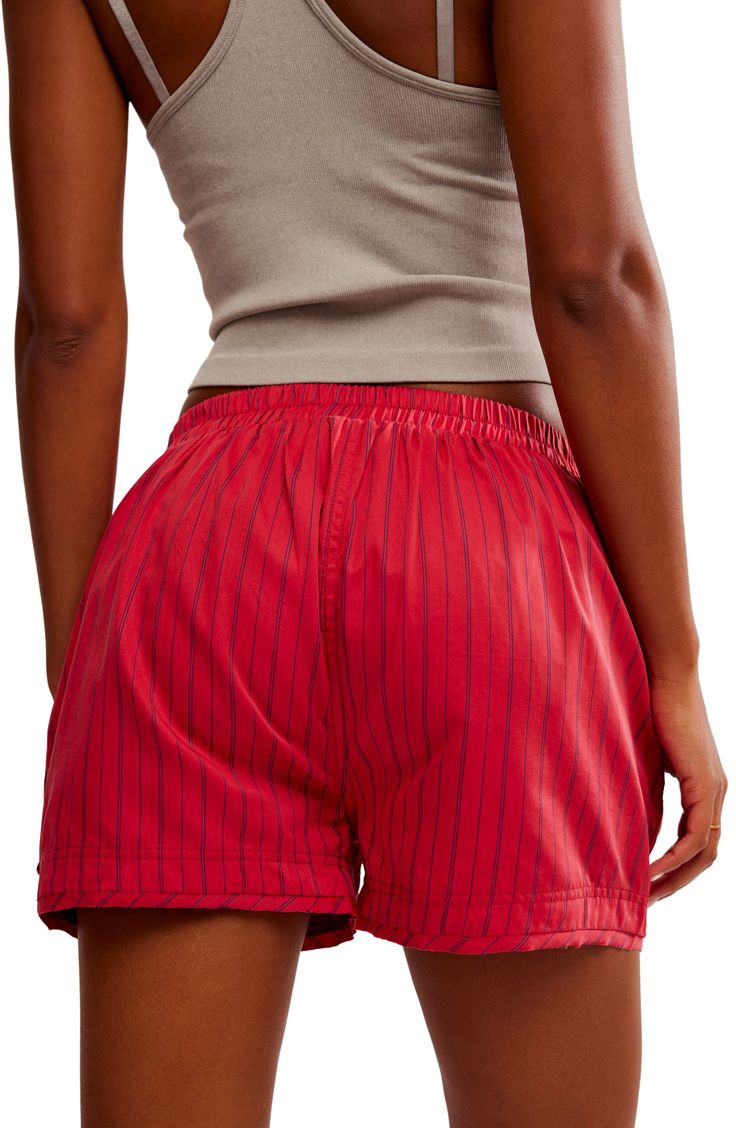 Raw edges play up the off-hours look of relaxed cotton-and-lyocell boxer shorts elevated with classic pinstripes. Elastic waist Faux fly 65% cotton, 35% lyocell Machine wash, dry flat Imported Comfortable Cotton Pajama Shorts With Pockets, Comfortable Cotton Bottoms For Daywear, Cotton Pajama Shorts For Loungewear, High-waisted Cotton Shorts For The Weekend, Comfortable Red Relaxed Fit Bottoms, Red Relaxed Fit Comfortable Bottoms, Cotton Bottoms With Elastic Waistband For Daywear, Cotton Pajama Shorts For Daywear, Cotton Shorts With Elastic Waistband For Loungewear