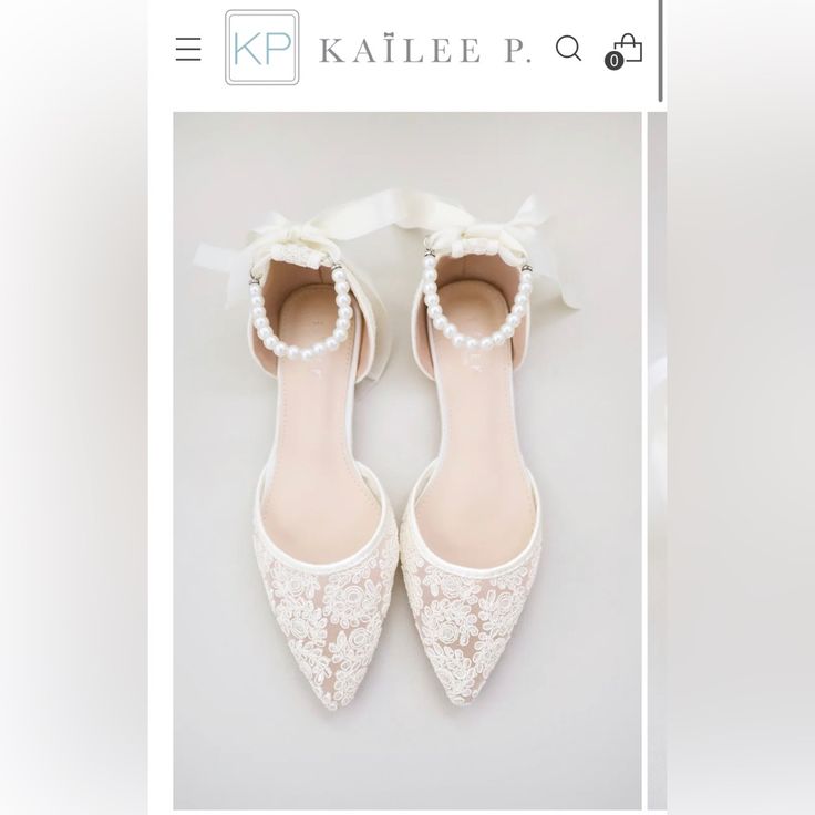 a pair of white shoes with bows and pearls on the heel are featured in an ad for kallee p o