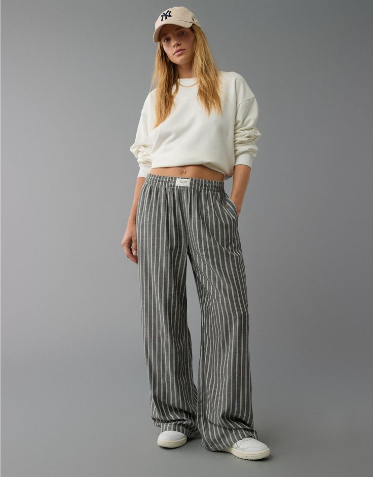 Fun Pants Women, Baggy Wide Leg Lounge Pants, Women’s Sweatpants, Comfy Party Outfit, Striped Lounge Pants, College Clothes, Project 333, Pj Pant, Striped Linen Pants