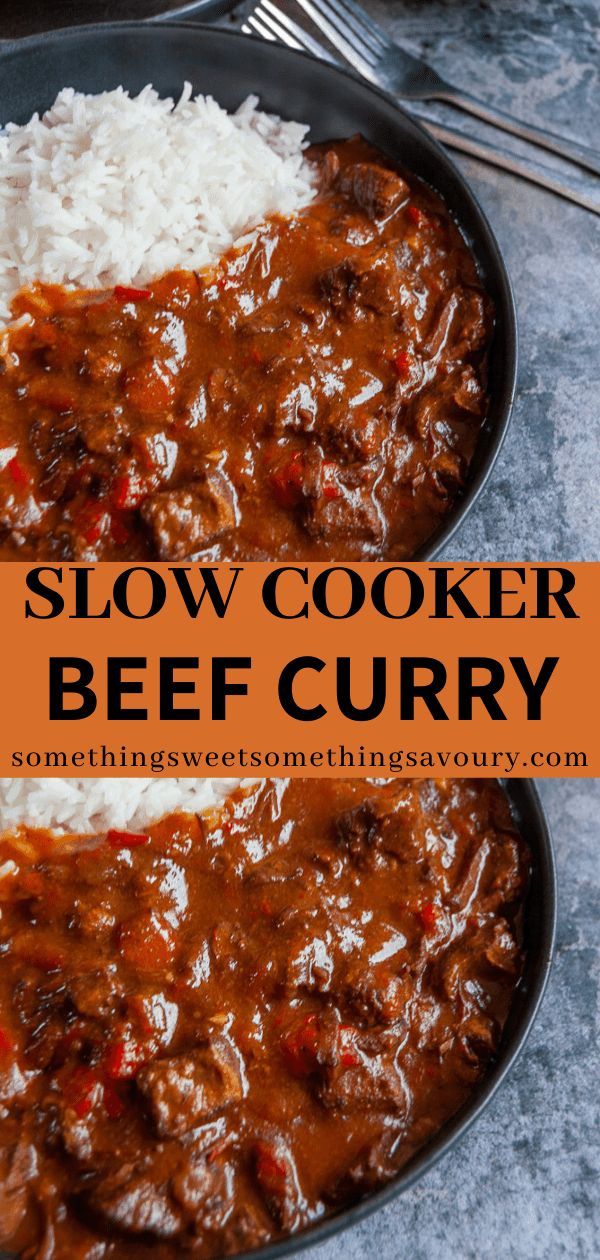 slow cooker beef curry in a skillet with rice