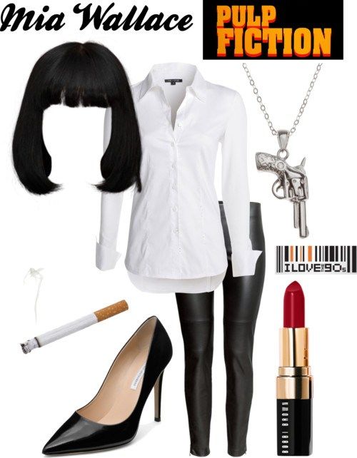 Mia Wallace - Pulp Fiction - '90s #typeacon Party Fashion via @typeaparent by @coloradomoms Pulp Fiction Fancy Dress, Black Haired Costume Ideas, Pulp Fiction Outfit, Pulp Fiction Makeup, Disfraz Mia Wallace, Mia Wallace Makeup, Mia Wallace Halloween, 90s Costume Ideas, Halloween Costumes Black Hair