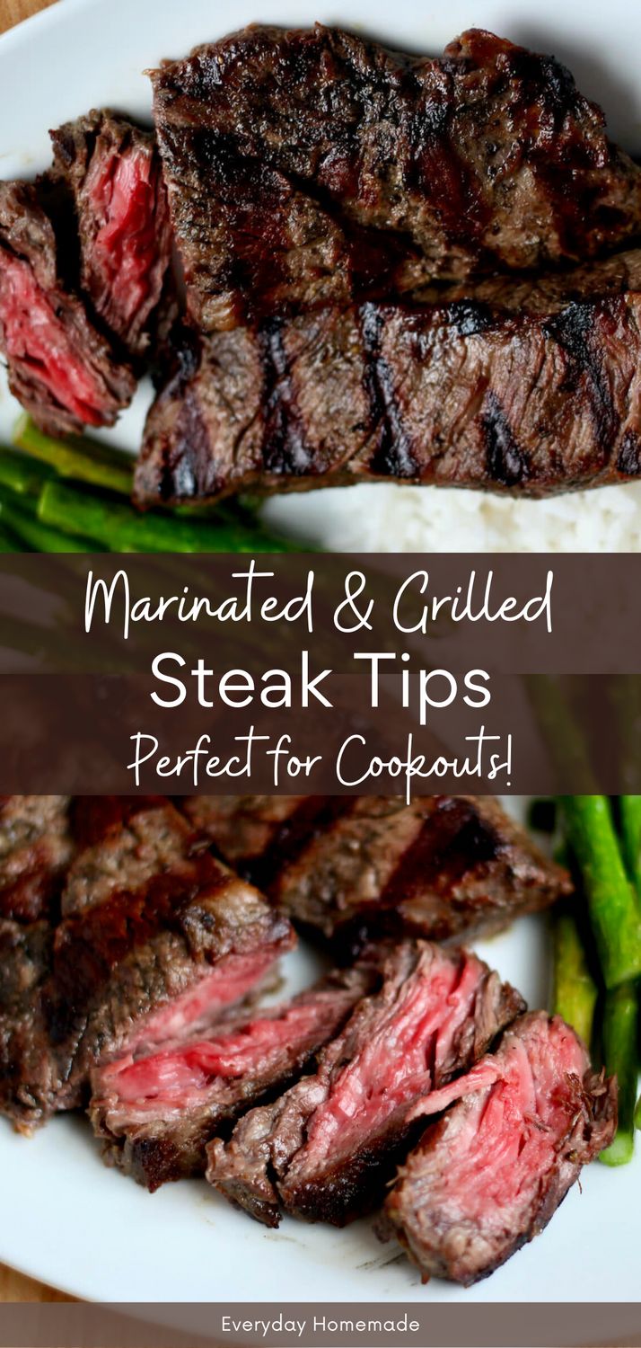 steak and asparagus on a white plate with text overlay that reads marinated & grilled steak tips perfect for cookouts