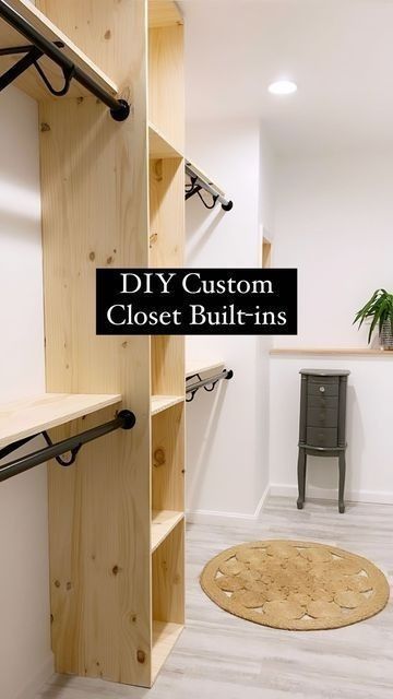 a closet with wooden shelves and hanging hooks on the wall next to a rug that says diy custom closet built - ins