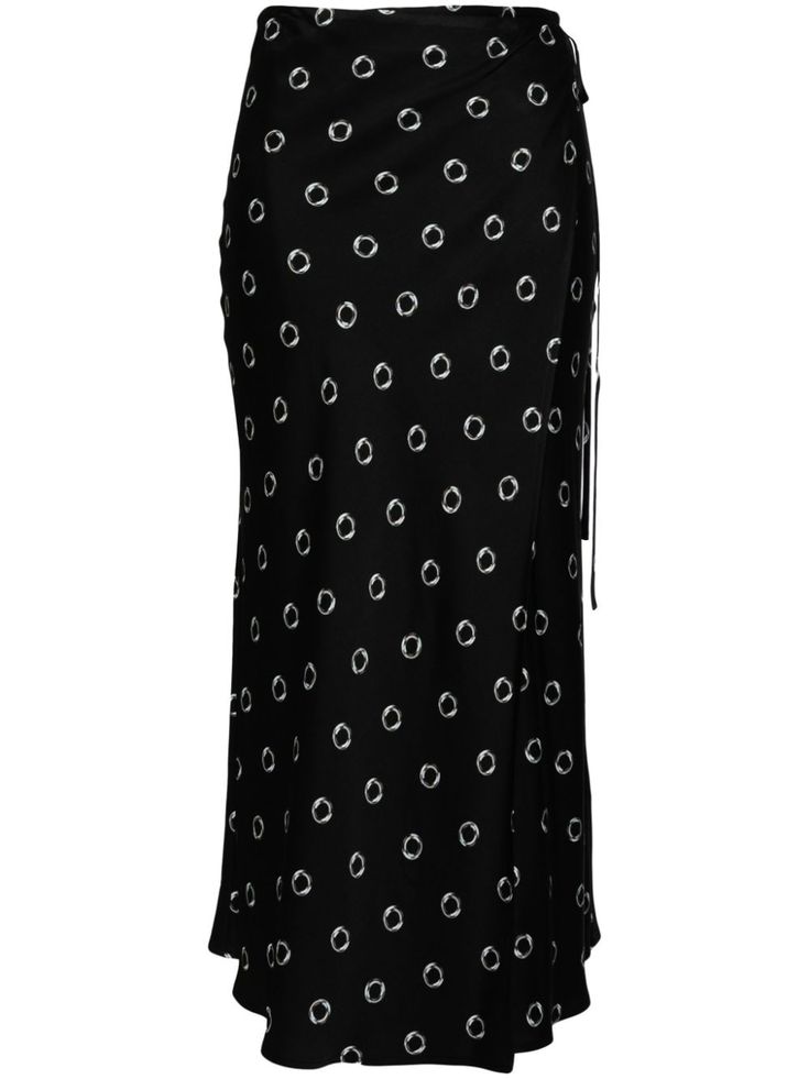 black satin finish polka dot pattern print wraparound style high waist side tie fastening mid-length Latest Skirts, Wardrobe Edit, City Dress, Polka Dot Skirt, Printed Midi Skirt, Dot Skirt, Black Midi Skirt, Pleated Midi Skirt, Exclusive Fashion