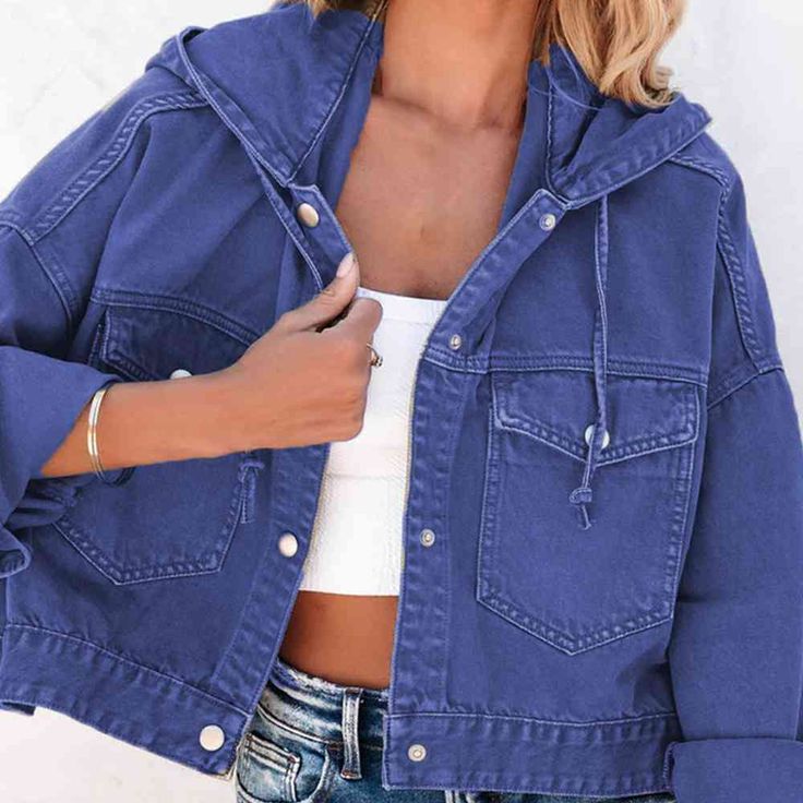 INCLUDES: Denim Jacket FIT: This item is true to size AVAILABILITY: This item will ship separately from the rest of your order. Please allow 5-10 business days for shipping. FEATURES: Material composition: 65% cotton, 35% polyester Care instructions: Machine wash cold. Tumble dry low. Imported MEASUREMENTS: S: shoulder 22.6 in, bust 42.1 in, sleeve length 20.3 in, length 19.5 in M: shoulder 23 in, bust 43.7 in, sleeve length 20.7 in, length 19.9 in L: shoulder 23.4 in, bust 46 in, sleeve length Autumn Woman, Denim Coat Women, Moda Denim, Hooded Denim Jacket, Jean Vintage, Denim Patterns, Woman Style, Streetwear Tops, Saint John