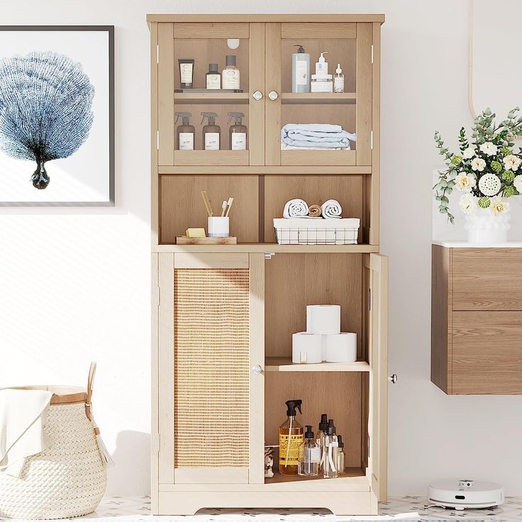 a wooden cabinet with shelves filled with personal care items