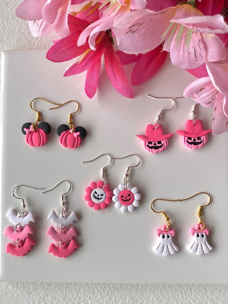 handmade pink themed Halloween earrings earring hooks are hypoallergenic and S925 stamped!  perfect earrings for all your fall and Halloween  festivities!! all items are handmade with love and packaged with care to make it to you safely <3 Pink Dangle Jewelry For Halloween, Handmade Pink Jewelry For Halloween, Cute Halloween Earrings For Pierced Ears, Whimsical Handmade Earrings For Halloween, Whimsical Handmade Halloween Earrings, Cute Handmade Halloween Jewelry, Cute Hypoallergenic Halloween Earrings, Cute Handmade Halloween Earrings, Fun Halloween Earrings