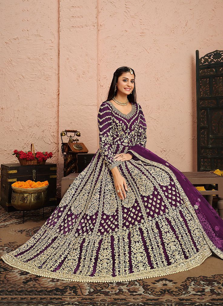 Purple Anarkali Suit Anarkali Churidar With Intricate Embroidery, Embellished Anarkali Set For Diwali, Festive Anarkali Set With Intricate Embroidery, Eid Anarkali Choli With Zari Work, Embellished Anarkali Set For Festivals, Embellished Anarkali Churidar For Festive Occasions, Embellished Anarkali Churidar For Diwali, Festive Anarkali Embellished Churidar, Anarkali Embellished Churidar For Festive