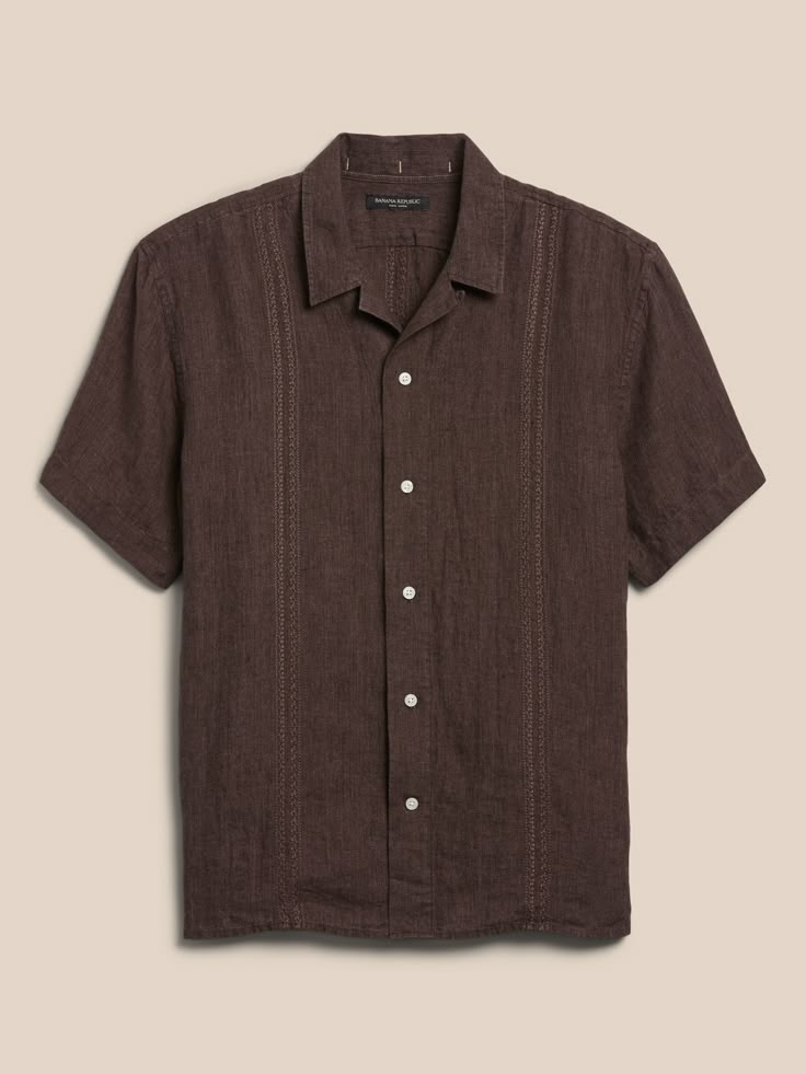 A luxurious departure from the ordinary, this classic resort shirt stuns with intricate embroidered accents set against an indulgent linen fabric, beloved for its exquisite texture, lightweight feel, and ability to stay cool and fresh in warmer clime Classical Outfits Men, Aesthetic Shirts For Men, Men’s Button Up Shirt Casual, Men’s Tops, Aesthetic Shirts Men, Embroidered Linen Shirt With Camp Collar, Linen Embroidered Button-up Top, Embroidered Linen Tops With Relaxed Fit, Linen Button-up Top With Embroidery