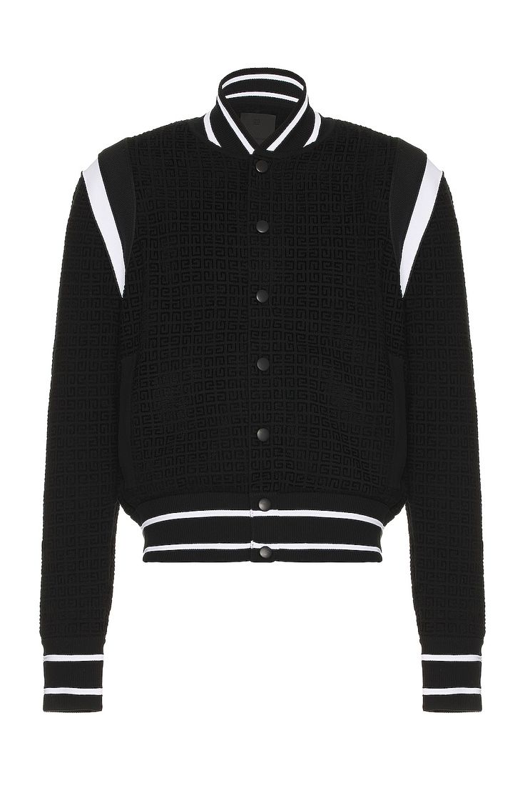 Find GIVENCHY Knitted Bomber Jacket on Editorialist. Givenchy Knitted Bomber Jacket in Black Self: 63% cotton 24% viscose 13% polyamide Sleeves Band: 100% polyester Lining: 64% viscose 36% polyamide. Made in China. Dry clean only. Front snap button closure. Side seam pockets. Fleece lining. Midweight fabric with tonal 4G logo throughout. GIVE-MO214. BM016B4YH9. About the designer: Hubert de Givenchy founded his namesake fashion house specializing in Haute Couture and ready-to-wear in 1952. No sooner did it open than Givenchy earned a reputation for breaking with the fashion codes of its time. Today, the house is synonymous with aristocratic elegance, sensuality and fresh romanticism. Its legacy continues through the modern approach of its newest Creative Director Matthew M. Williams, appoi Luxury Cotton Sweater With Ribbed Cuffs, Designer Black Sweater With Ribbed Cuffs, Luxury Jacquard Knit Winter Outerwear, Designer Black Jacquard Knit Sweater, Designer Outerwear With Ribbed Collar And Long Sleeves, Designer Long Sleeve Outerwear With Ribbed Collar, Designer Jacquard Knit Winter Outerwear, Designer Cotton Outerwear, Designer Long Sleeve Cotton Outerwear