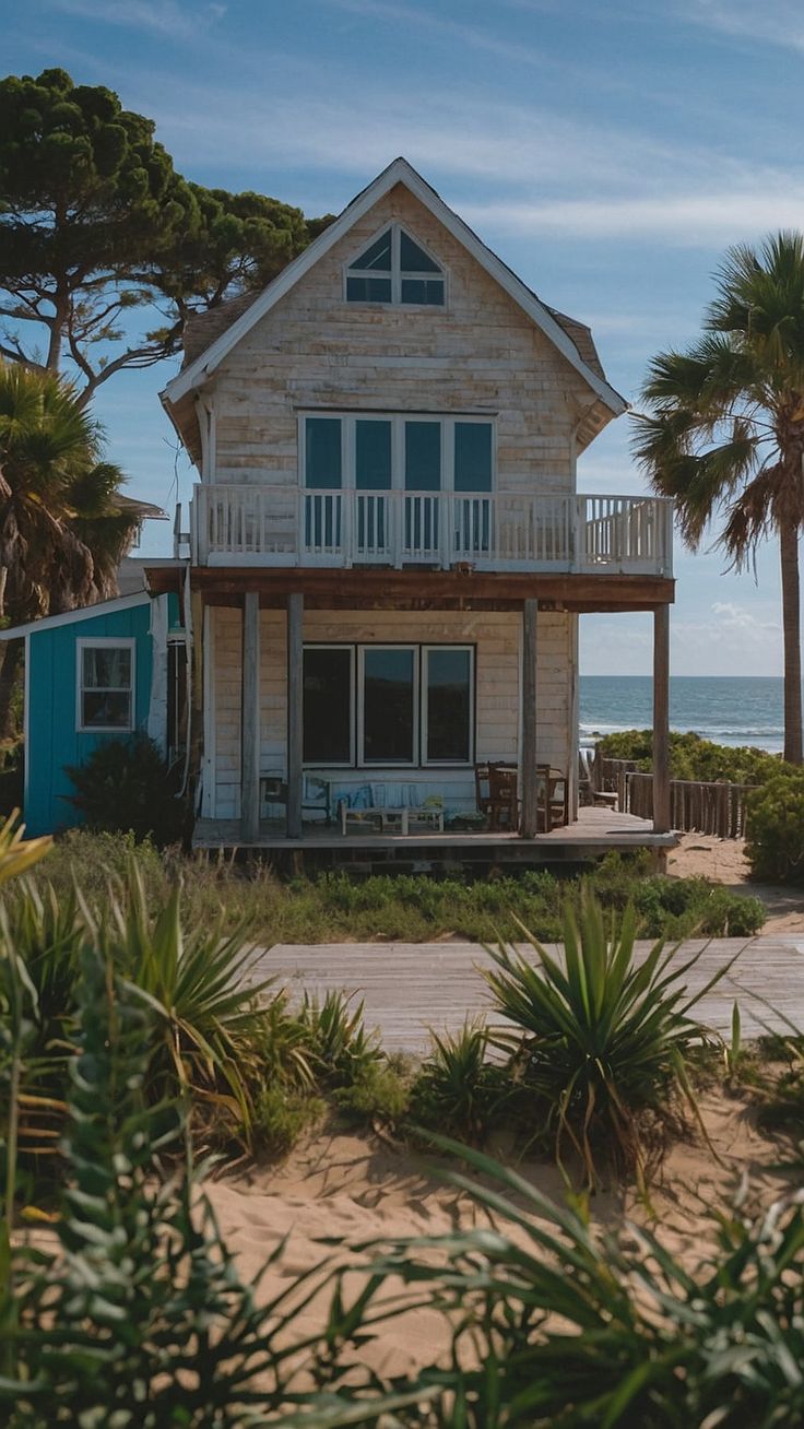 a house on the beach with palm trees around it