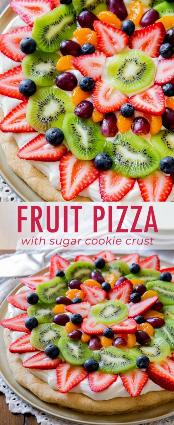 fruit pizza with sugar cookie crust is ready to be eaten and put on the table