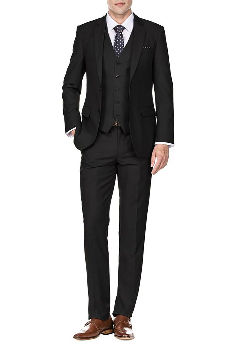 Bring understated elegance to the table in this three-piece suit crafted from rich fabric in a classic single-breasted silhouette. Jacket has notched lapels; chest welt pocket; front flap pockets Vest has front button closure; V-neck Pants have zip fly with button closure; front slant pockets; back button-welt pockets Jacket and vest are lined; trousers are lined to the knee 65% polyester, 35% viscose Dry clean Imported Each suit has a 6” drop, meaning that a size 38R jacket is paired with size Professional Single Breasted Suiting Fabric Sets, Professional Single-breasted Suiting Fabric Set, Slim Fit Three-piece Suit For Business Casual, Slim Fit Three-piece Suit With Welt Pockets, Slim Fit Single Breasted Set With Notch Lapel, Semi-formal Slim Fit Single Breasted Three-piece Suit, Fitted Single Breasted Three-piece Suit With Notch Lapel, Fitted Business Casual Sets With Lapel Collar, Formal Fitted Single Breasted Sets