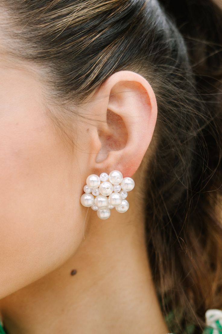 shop the mint, boutique clothing for women, trendy online boutique Bridal Stud Earrings, Bridal Earrings Studs, Bridal Statement Earrings, White Pearl Jewelry, Pearl Cluster Earrings, Bridal Earrings Pearl, Pearl Cluster, Wedding Bridal Jewellery, Sparkle Earrings