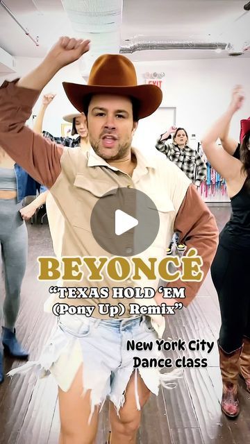 a man wearing a cowboy hat dancing with other people in the background and text that reads beyond texas holdem pony up