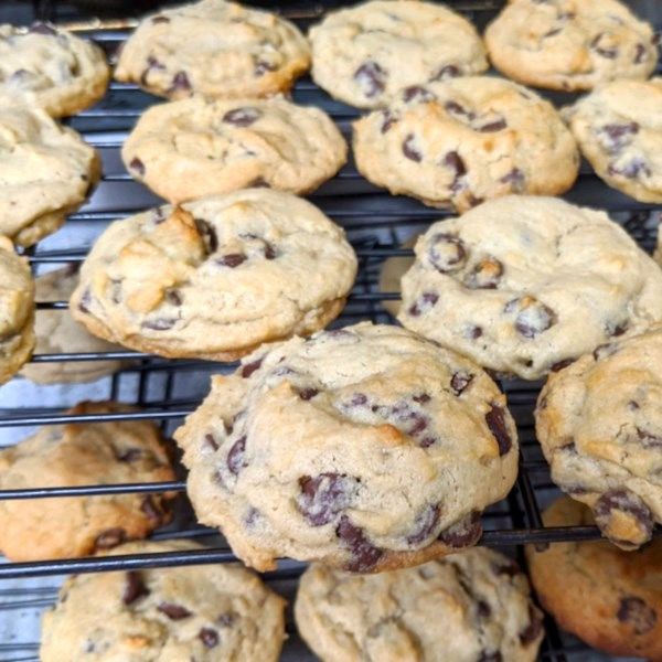 chocolate chip cookies cooling on a wire rack