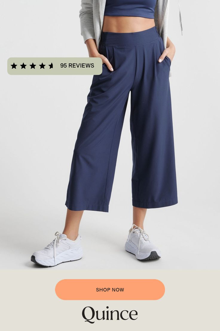 These look like classic work pants, but move like your favorite activewear. Our cropped Performance Tech Wide Leg Commuter Pants have just the right amount of stretch for days when you’re on the go, plus the sun protection and quick-dry properties of top-notch performance wear. And they look great with sneakers.  | Quince | Women's Performance Tech Wide Leg Pants in Navy, Size Small, Polyester Boyfriend Cardigan, Performance Leggings, Workout Session, Performance Wear, Lifestyle Shop, Work Pants, Linen Pants, Quince, Spandex Fabric